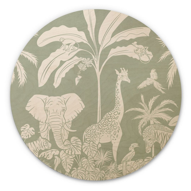 Holzbild Dschungeltiere in tropischem Grün - Kikki Belle - Rund