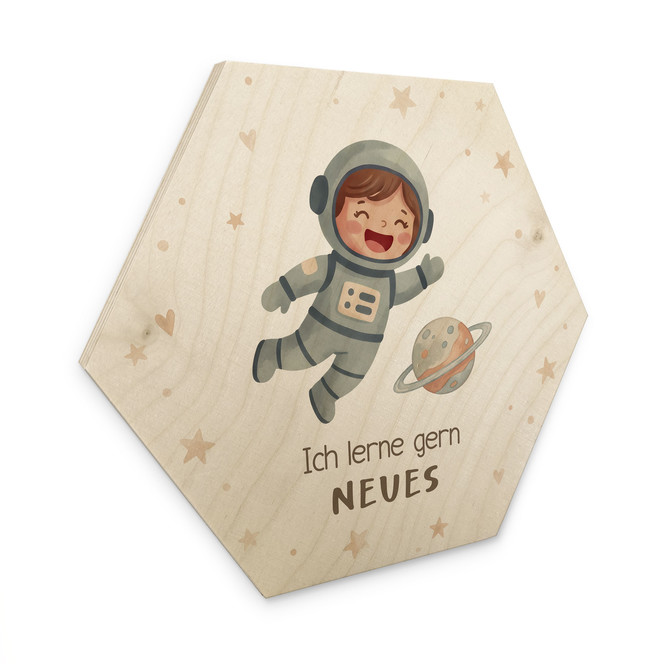 Holzbild Hexagon mit Astronautin - Bestärkung "Ich lerne gern Neues"