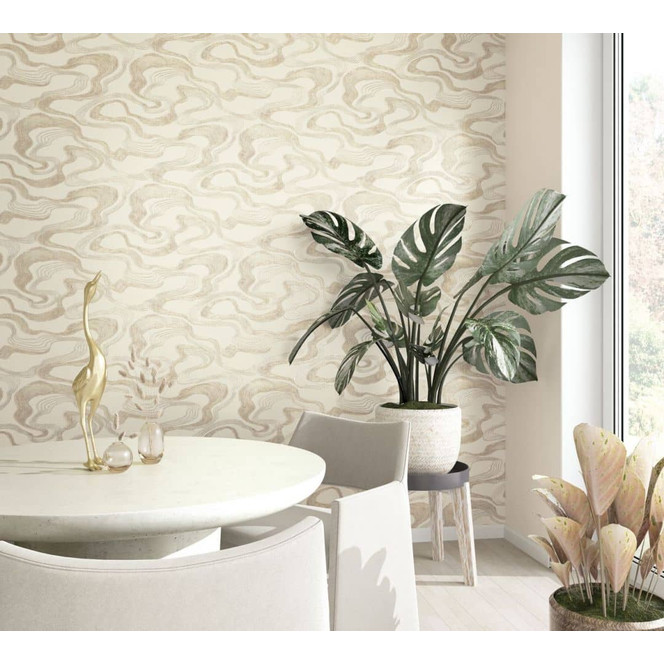 Vliestapete mit Nebelduns in glänzenden Bögen beige Grafisch