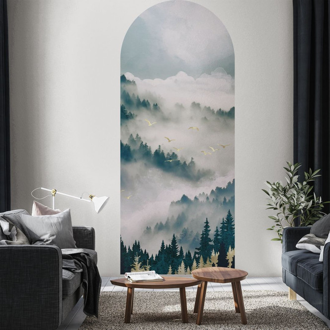 Wandtattoo Rundbogen Wandpaneel Geheimnisvoller Nebel im Wald - SpaceFrog Designs - schmal