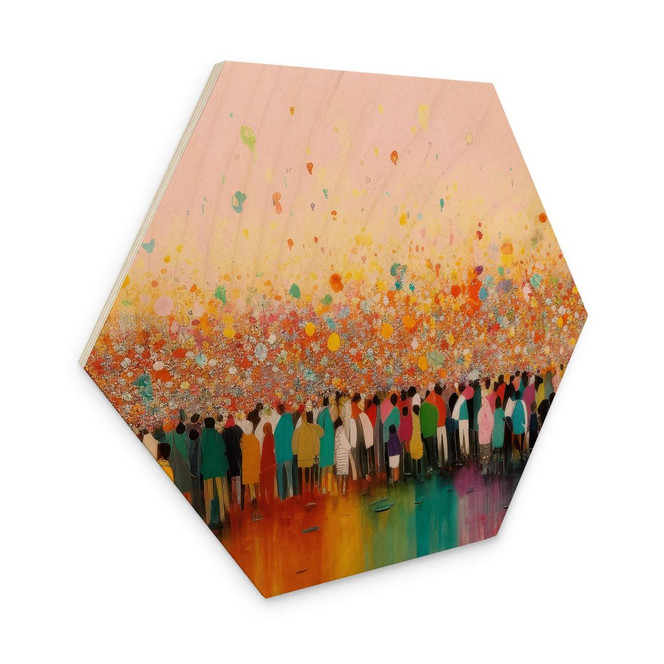 Hexagon Holzbild Treechild - Lebensfreude bunter Menschen