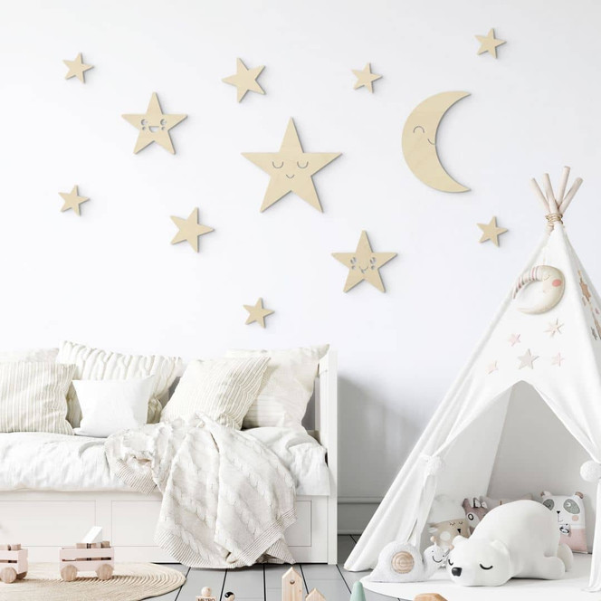 Holzdeko Mond und Sterne Set - Kawaii - Pappel