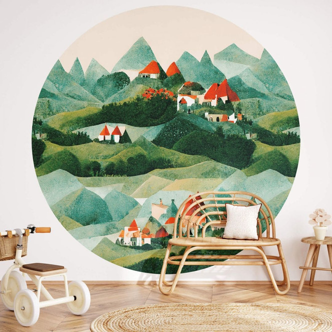 Kinderzimmer Fototapete Treechild - Kleines Dorf inmitten grüner Hügel - Rund - Selbstklebend/Vlies
