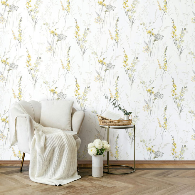 Vliestapete Blumen, Blätter Floral Natur matt in Weiss Gelb