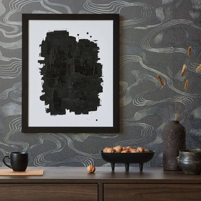 Vliestapete mit Nebelduns in glänzenden Bögen schwarz Grafisch