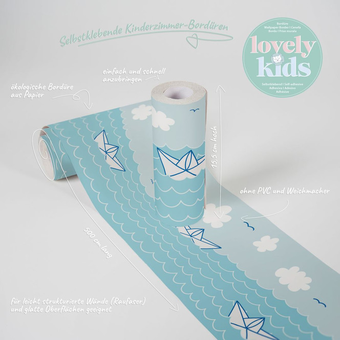 Lovely Kids selbstklebende Kinderzimmer Bordüre Paper Boat Love mit Papierbooten