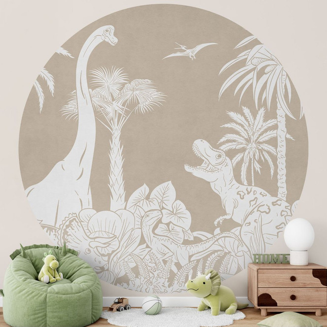 Fototapete Dinosaurier im wilden Dschungel - Braun - Kikki Belle - Rund - Selbstklebend/Vlies