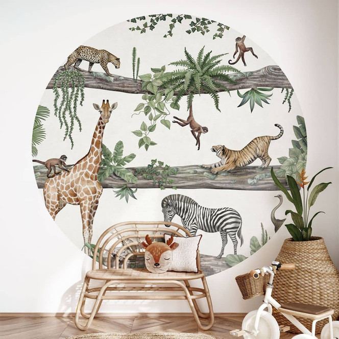 Fototapete Dschungeltapete Afrikanische Tiere im Dschungel - Kikki Belle - Rund - Selbstklebend/Vlies