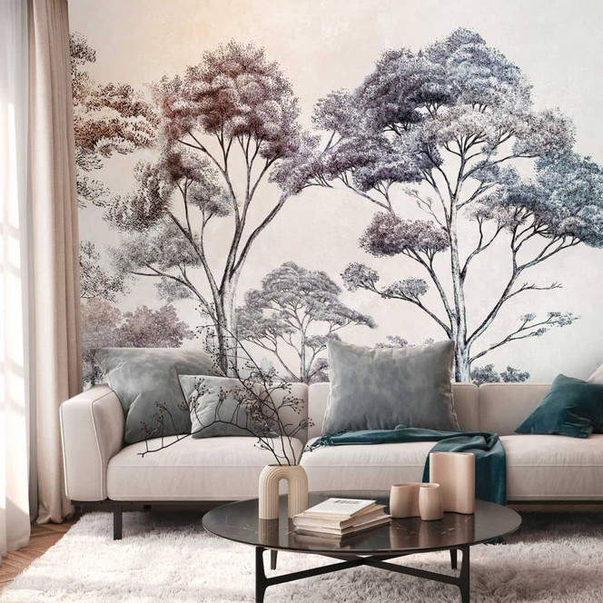 Fototapete Wald Bunt - Vliestapete mit Baumillustration für Wohnzimmer & Schlafzimmer