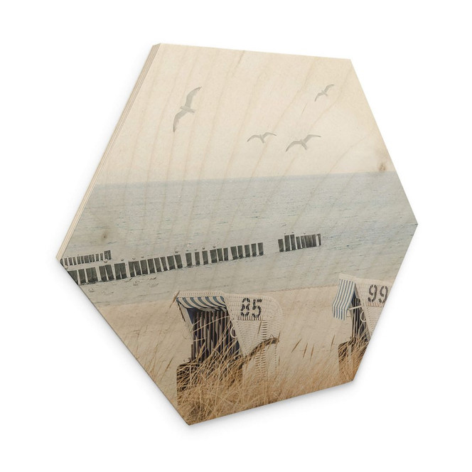 Hexagon Holzbild Strand mit Meerblick