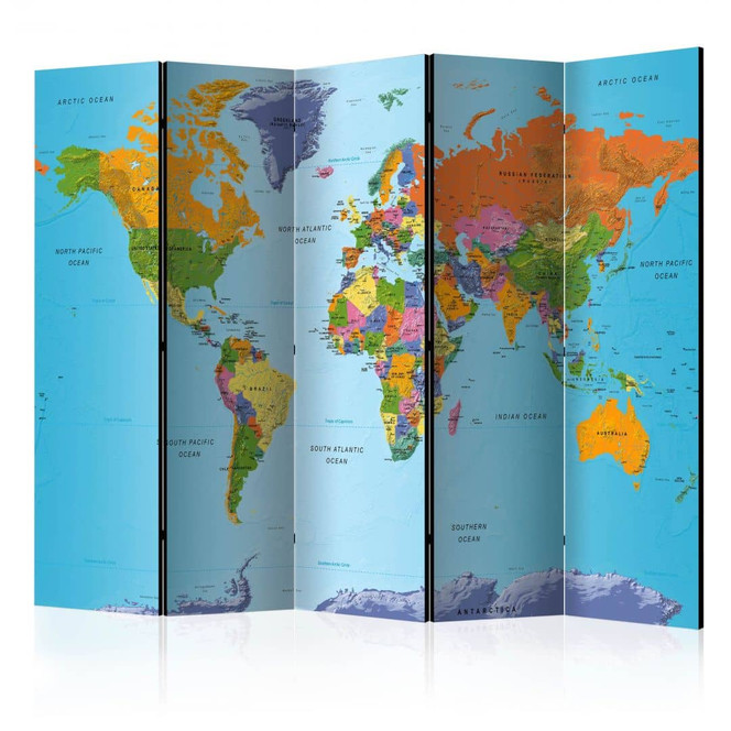 Paravent, Raumteiler freistehend, Trennwand - Weltkarte - bunte Geographie, 5-teilig - 225 x 172 cm