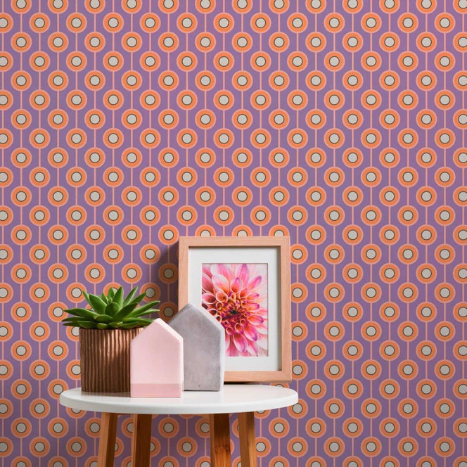 Retro-Look Tapete Lila Orange - gepunktete Vliestapete mit Grafik Muster - Strukturtapete