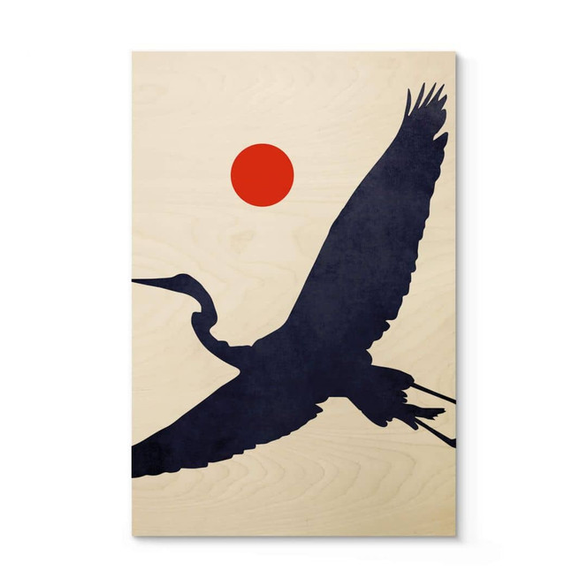 Holzbild Kubistika - Kranich mit roter Sonne