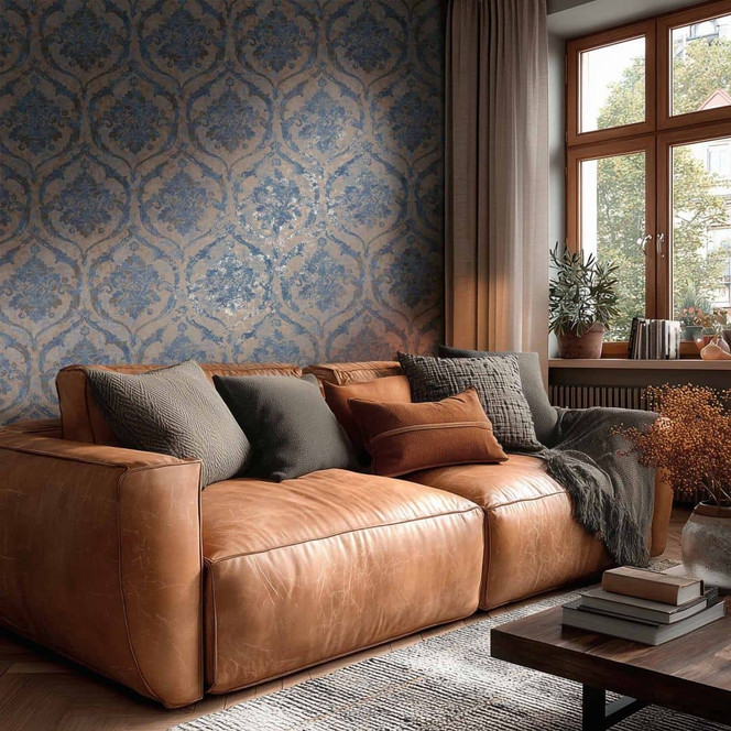 Vliestapete Davide Ornament Blau Braun Metallic - Maison Du Temps Neo-Klassik Wohnzimmer