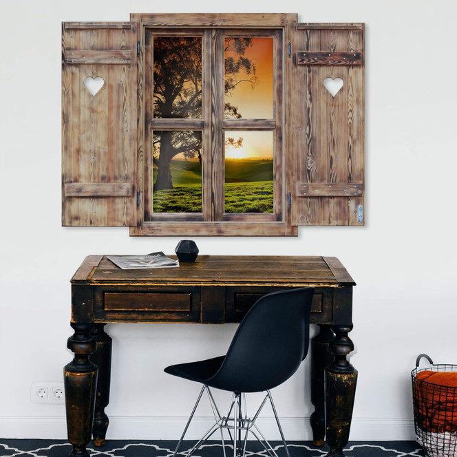 3D Wandtattoo Holzfenster mit Herz - Sonnenuntergang über den Hügeln