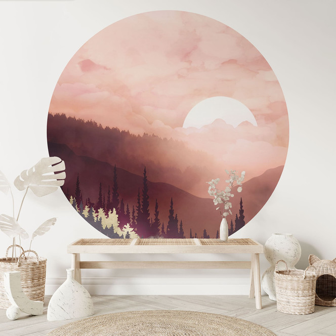 Fototapete Rosa Sonnenuntergang über dem Wald - SpaceFrog Designs - Rund