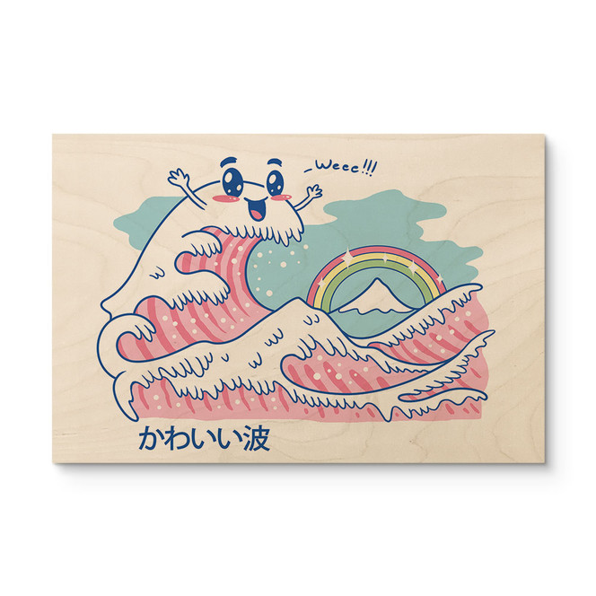 Holzbild Kawaii Welle mit Regenbogen und Berg Fuji - Trinidad