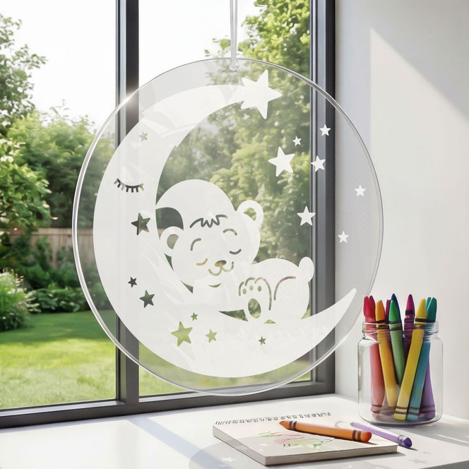 Acrylglasbild, Fensterbild zum Aufhängen Schlafender Teddy auf dem Mond | Babyzimmer Hängedeko - Rund