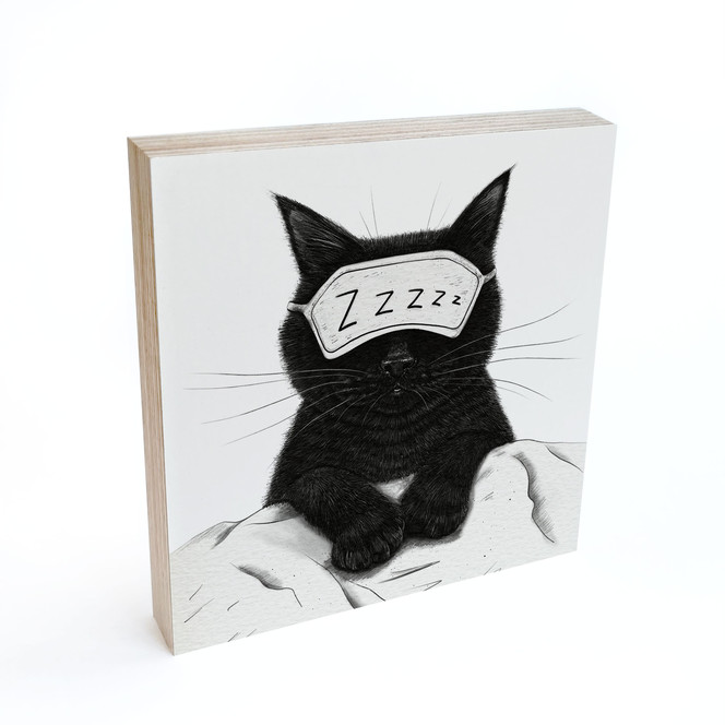 Holzbild zum Hinstellen - Schwarze Katze mit Schlafmaske - Korenkova - 15 x 15 cm