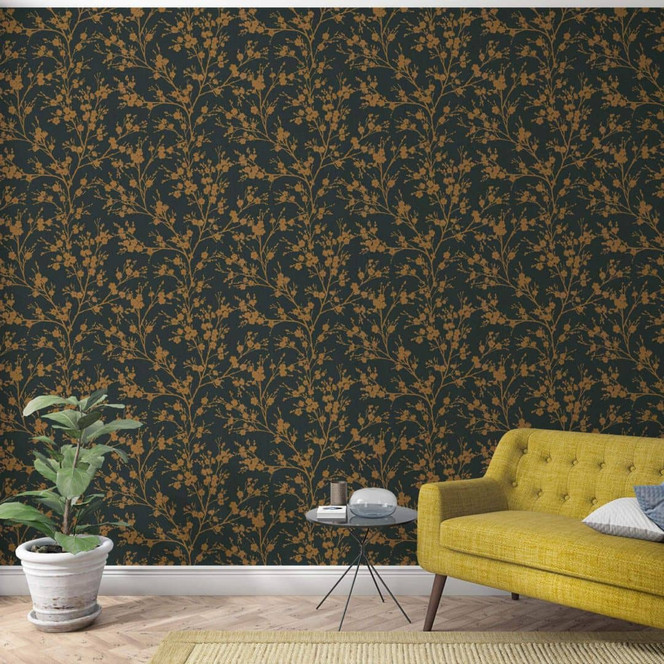 Vliestapete mit leicht glänzendem Blattmotiv schwarz, gold Floral