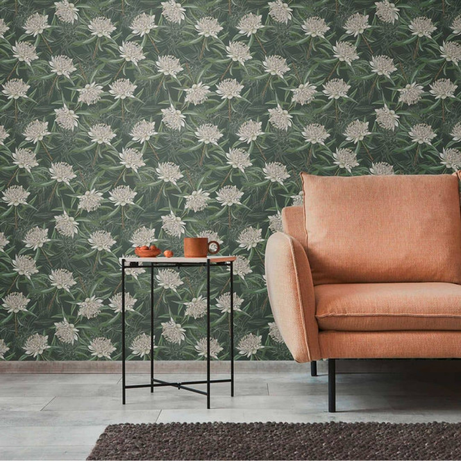 Florale Vliestapete Grün Schwarz - Blumen-Tapete mit weissen Blüten