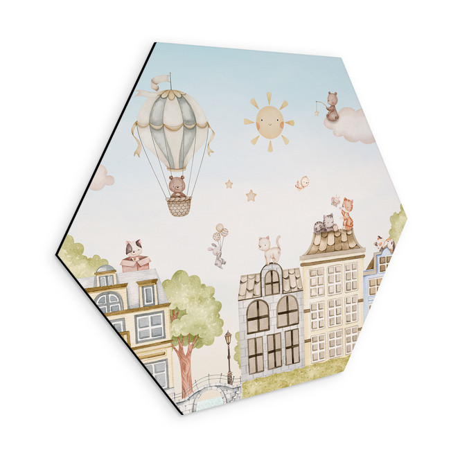 Hexagon Wandbild Katzen über den Dächern - Oliver Robins - Alu-Dibond