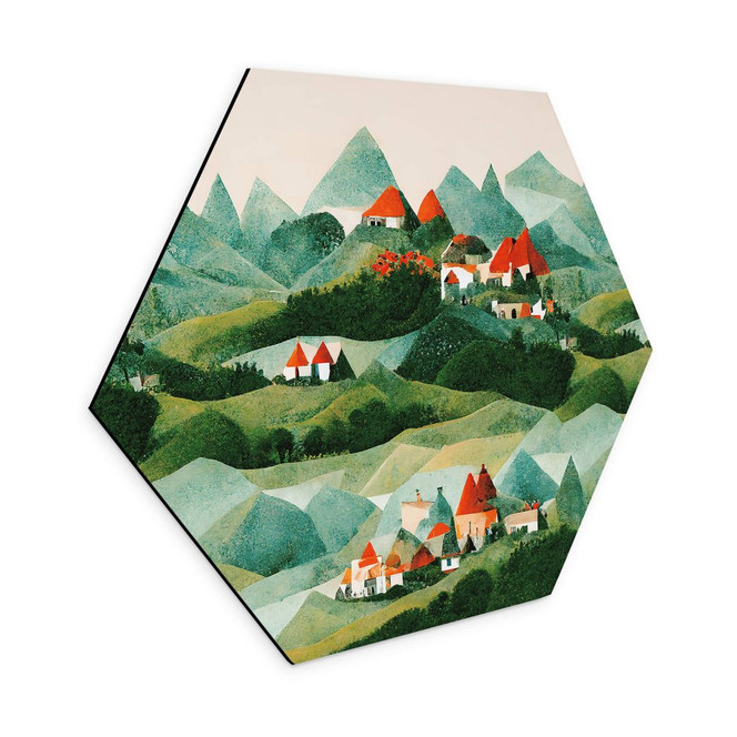 Hexagon Wandbild Treechild - Kleines Dorf inmitten grüner Hügel - Alu-Dibond