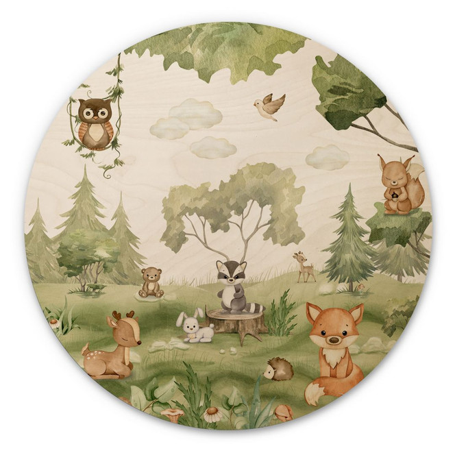 Holzbild Süsse Tiere im Herzen des Waldes - Oliver Robins - Rund