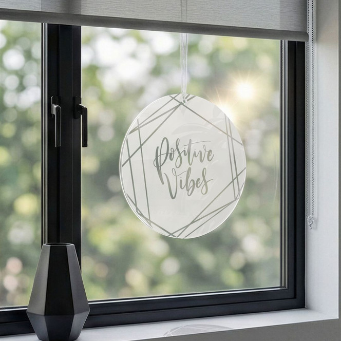 Spruch Acrylglasbild, Fensterbild zum Aufhängen Positive vibes - Rund