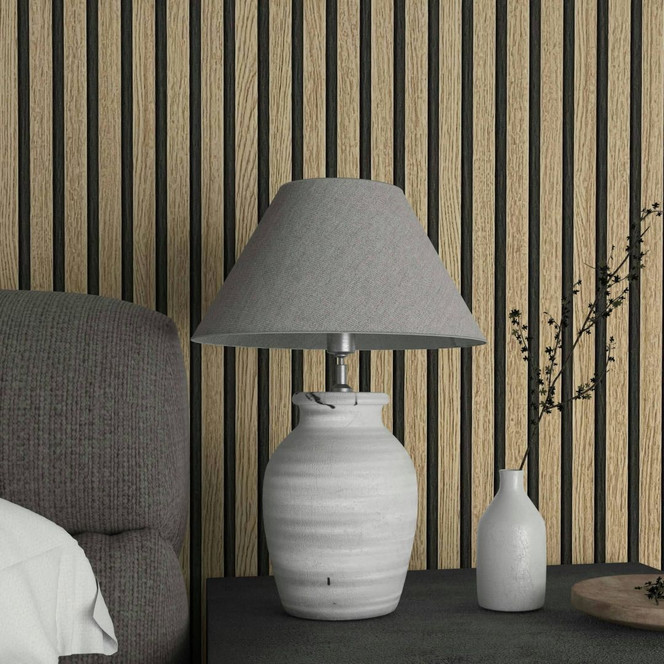 Vliestapete mit Akustikpaneele Optik und leichter Holzmaserung im Skandi Stil braun Streifen