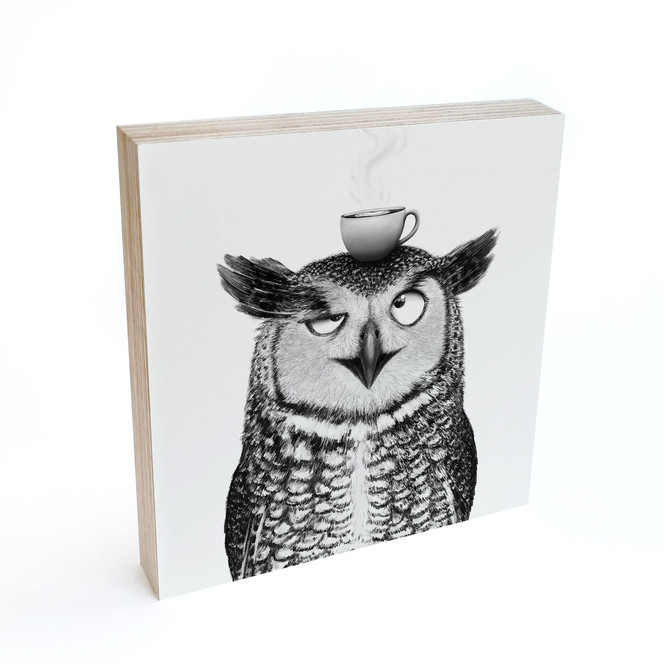 Holzbild zum Hinstellen - Lustige Eule mit Kaffee - Korenkova - 15 x 15 cm