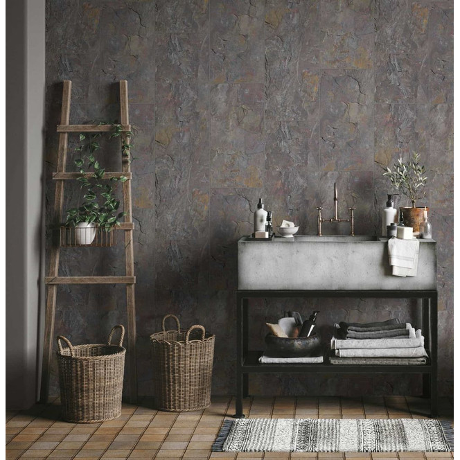 Vliestapete in Fliesen-Look als Shabby Chic grau Fliesenoptik