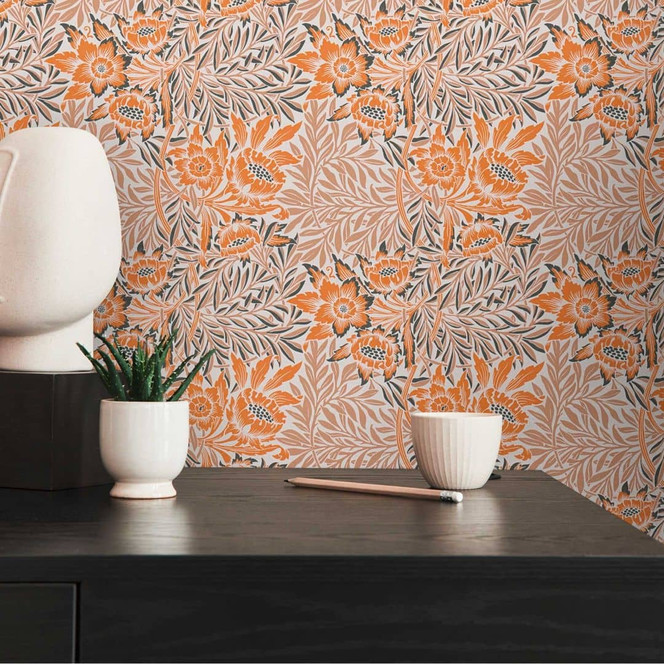 Blumen-Vliestapete mit floralem Muster Orange Beige - Tapete mit Gräsern