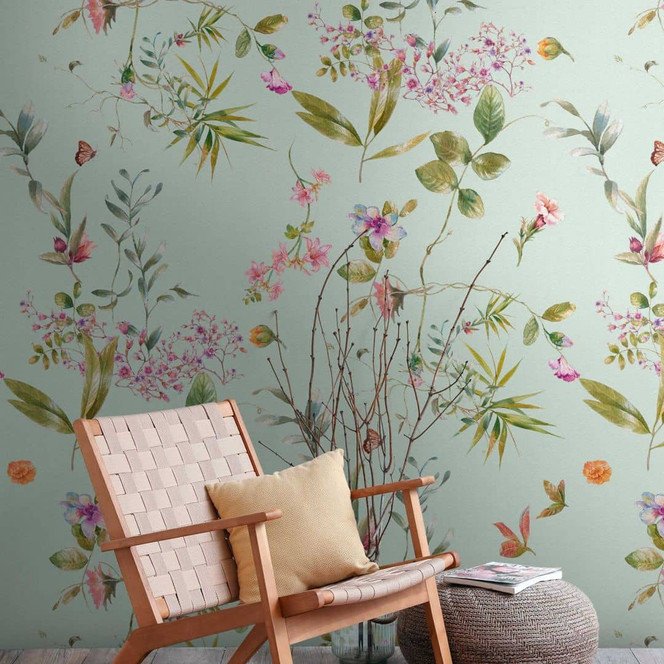 Florale Tapete Mintgrün Bunt - Vliestapete mit Blumenmotiv für Schlafzimmer & Wohnzimmer