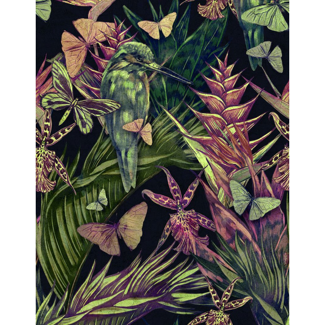 Fototapete Motivtapete Reiher im Tropen-Dschungel mit Schmetterlingen und Orchidee 3.4 x 2.65 m