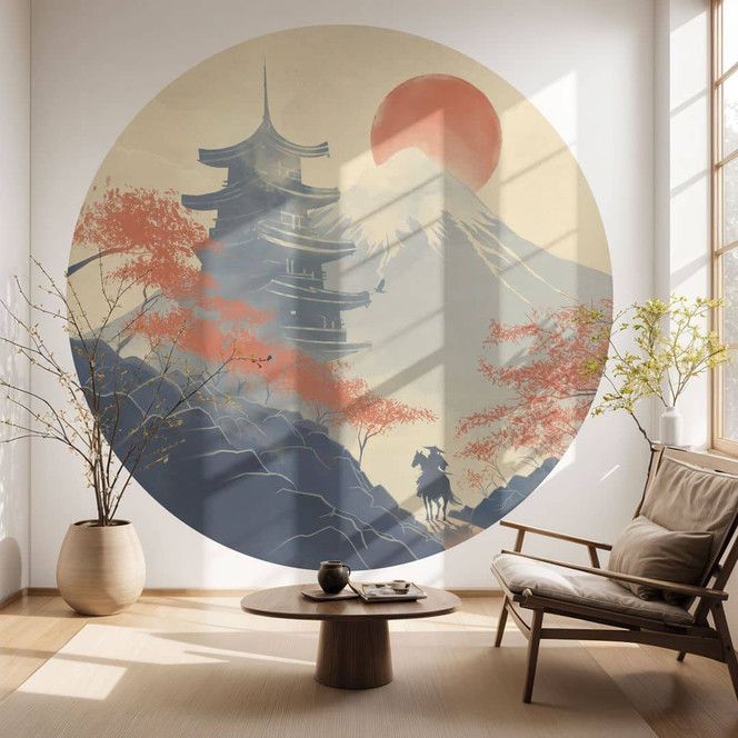 Fototapete Sonnenaufgang über der Pagode | Japan Kunst - Roze - Rund - Selbstklebend/Vlies