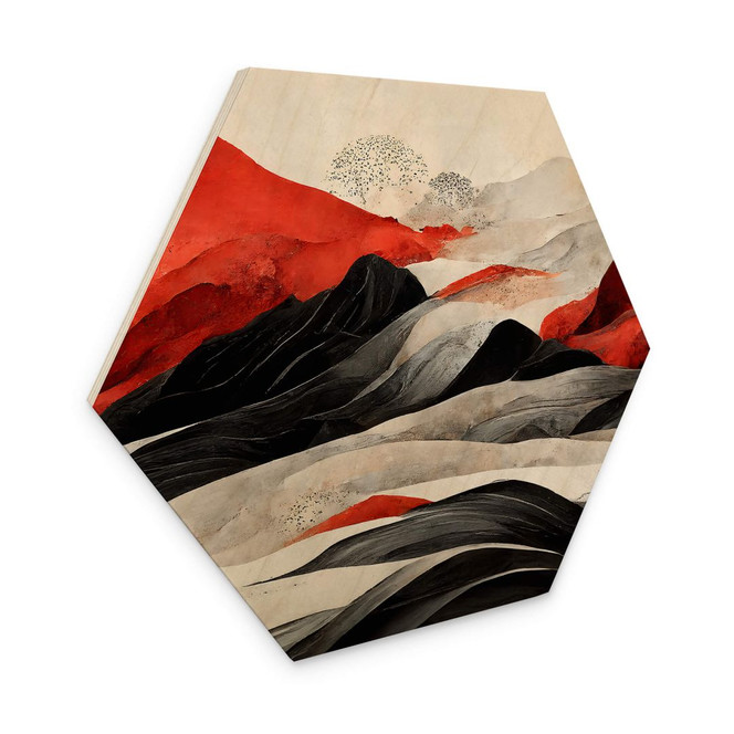 Hexagon Holzbild Treechild - Rote Berge im Japandi Stil
