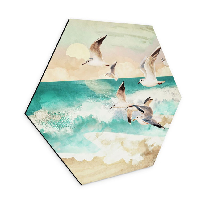 Hexagon Wandbild Möwen am Strand - SpaceFrog Designs - Alu-Dibond