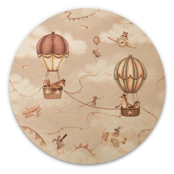Holzbild Tierisches Abenteuer mit Heissluftballon - Oliver Robins - Rund