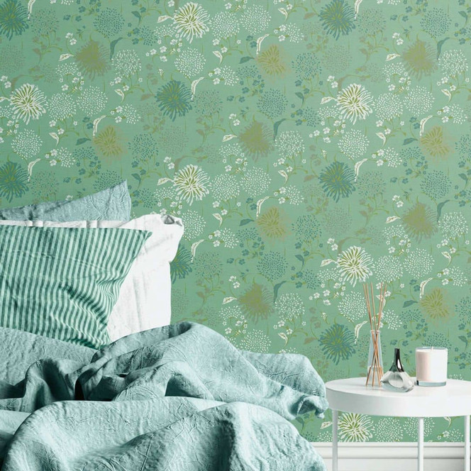 Tapete Blumen Grün Weiss - Vliestapete Pflanzen Blätter - Tapete Floral