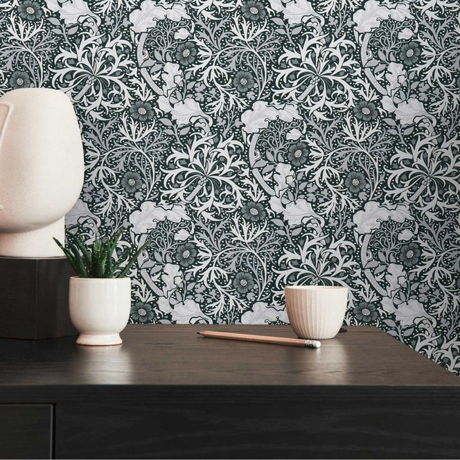 Tapete mit Blumenranken und Blüten Schwarz-Weiss - Blumen-Vliestapete floral