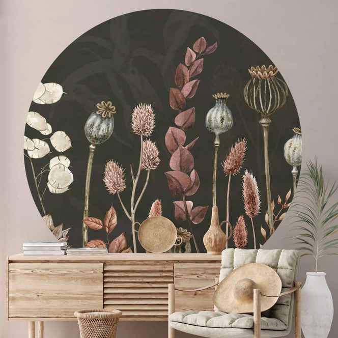 Fototapete Sir Edward - Trockenblumen Oliv - Rund - Selbstklebend/Vlies