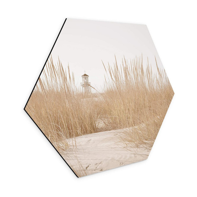 Hexagon Wandbild - Leuchtturm im Dünengras - Alu-Dibond