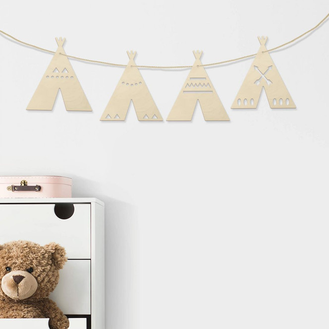 Holzdeko Pappel - Wimpelkette Tipi (4er Set) inkl. Baumwollseil