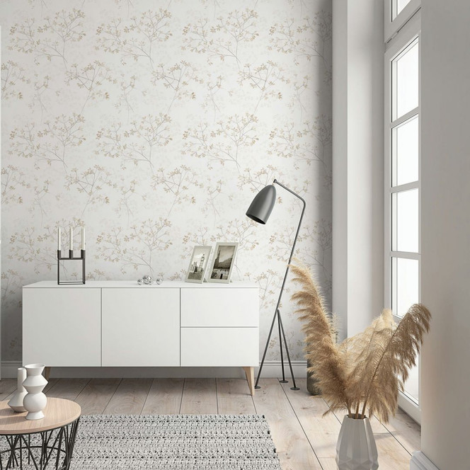 Vliestapete Blätter Floral Natur matt in Weiss Beige