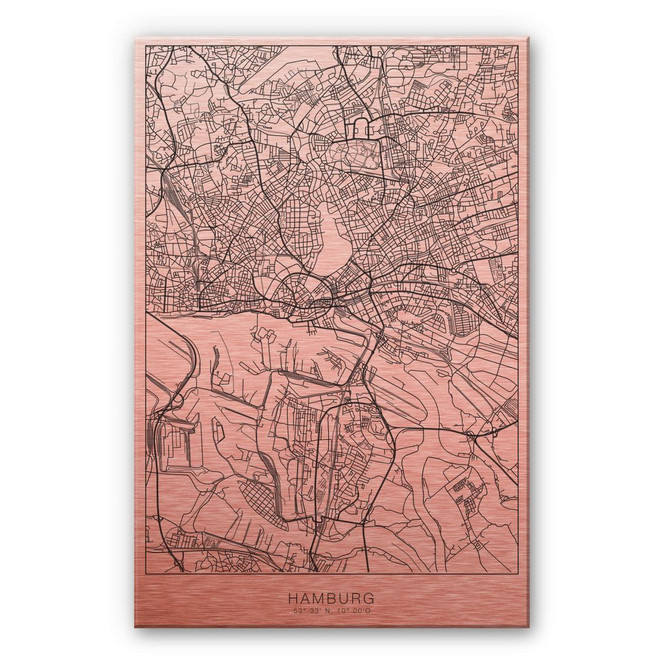 Alu-Dibond Bild mit Kupfereffekt Stadtplan Hamburg