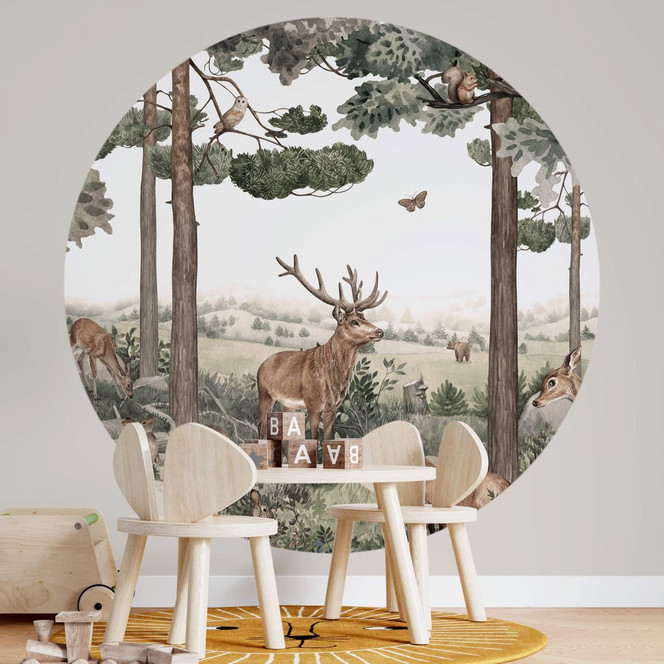 Fototapete Kikki Belle - Heimische Tiere im Wald - Rund - Selbstklebend/Vlies