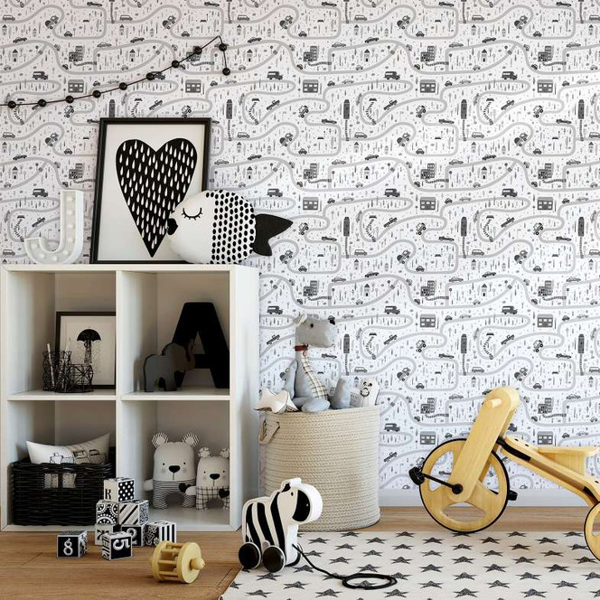 Kindertapete, Vliestapete mit Illustration Kids Walls weiss, grau