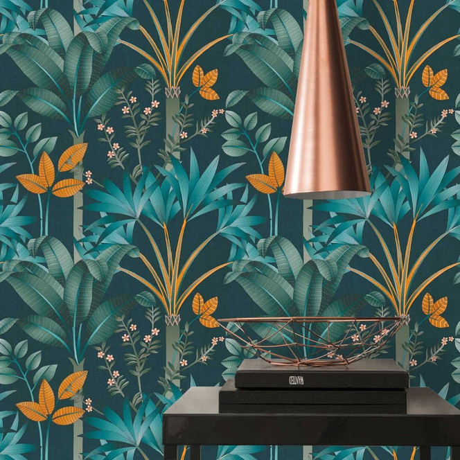 Dschungel-Tapete im grafischen Stil Blau Orange - Vliestapete Palmenblättern