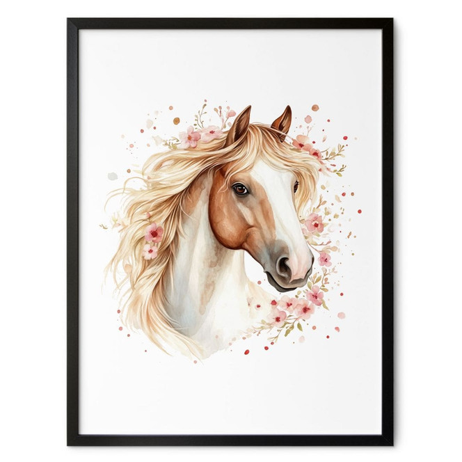 Poster Boho Pferd mit zarten Blüten | Romantisches Pferdemotiv fürs Kinderzimmer